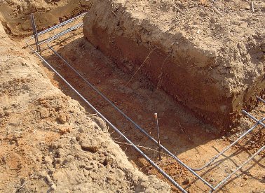 Footing excavation with tied rebars in place